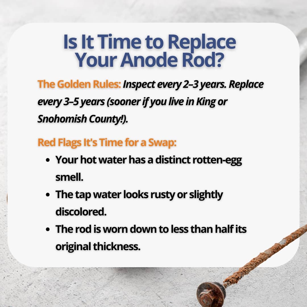A white informational graphic titled "Is It Time to Replace Your Anode Rod?" outlining the general maintenance timeline and key red flags that signal it is time to change a water heater anode rod.