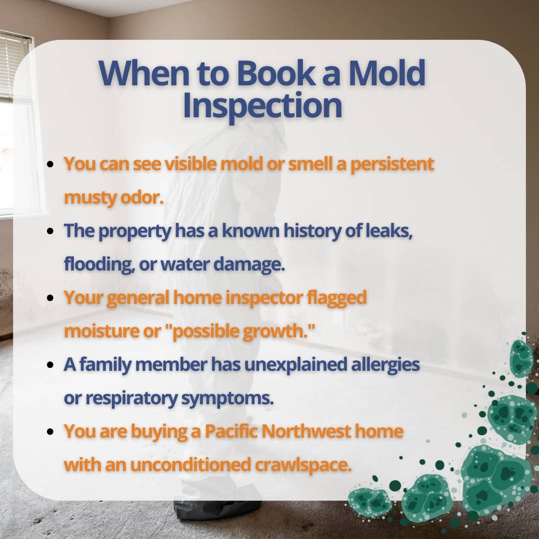 An informational checklist graphic titled "When to Book a Mold Inspection" listing five scenarios that require a specialized inspection, such as visible growth, water damage history, and home inspector flags.