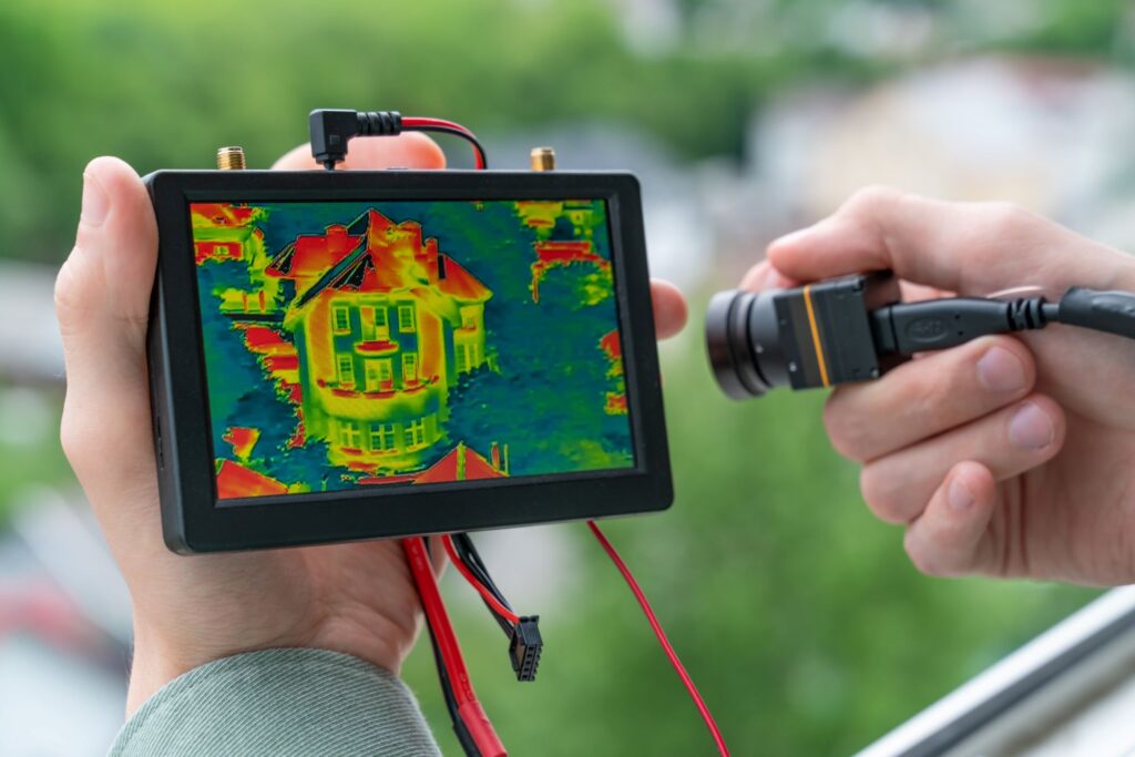 Shows a person's hands holding a portable monitor that displays a thermal imaging scan of a multi-story house, highlighting heat patterns in shades of red, yellow, and green, while their other hand holds a small connected camera sensor against a blurred outdoor background.