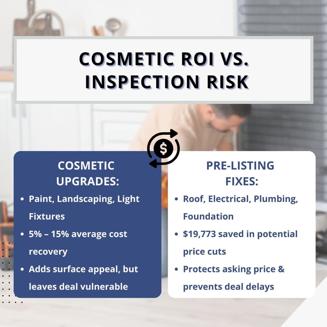 Infographic titled "Cosmetic ROI vs. Inspection Risk" comparing the 5% to 15% average cost recovery of cosmetic upgrades against the potential $19,773 saved by prioritizing essential pre-listing inspection fixes like roof, electrical, plumbing, and foundation repairs.