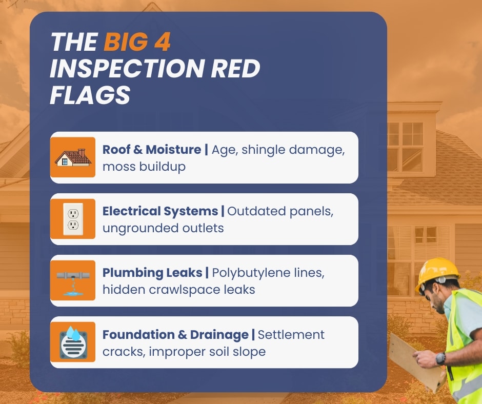 Infographic titled "The Big 4 Inspection Red Flags" outlining critical home inspection issues involving roof and moisture, electrical systems, plumbing leaks, and foundation drainage.