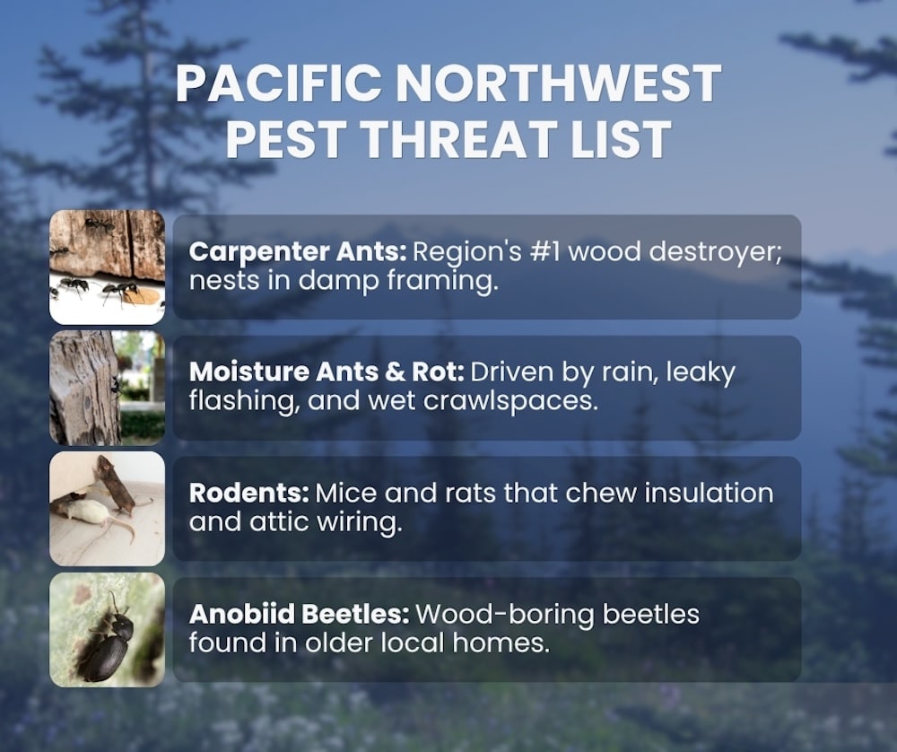 An infographic titled "Pacific Northwest Pest Threat List" detailing common regional home pests, including carpenter ants, moisture ants, rodents, and anobiid beetles alongside brief descriptions.