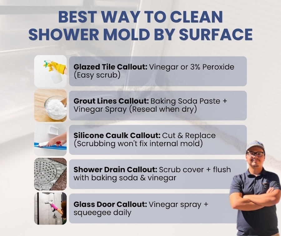 An infographic titled "Best Way to Clean Shower Mold by Surface" outlines cleaning and maintenance recommendations for glazed tiles, grout lines, silicone caulk, shower drains, and glass doors.