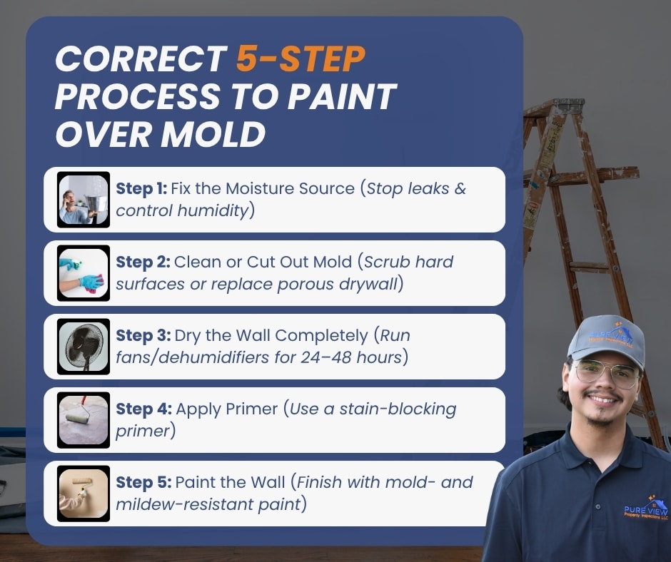 An infographic outlining a five-step process to properly paint over mold, from fixing the moisture source to applying mold-resistant paint.
