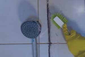 A gloved hand uses a green brush to scrub black mold from shower tile grout next to a handheld showerhead.